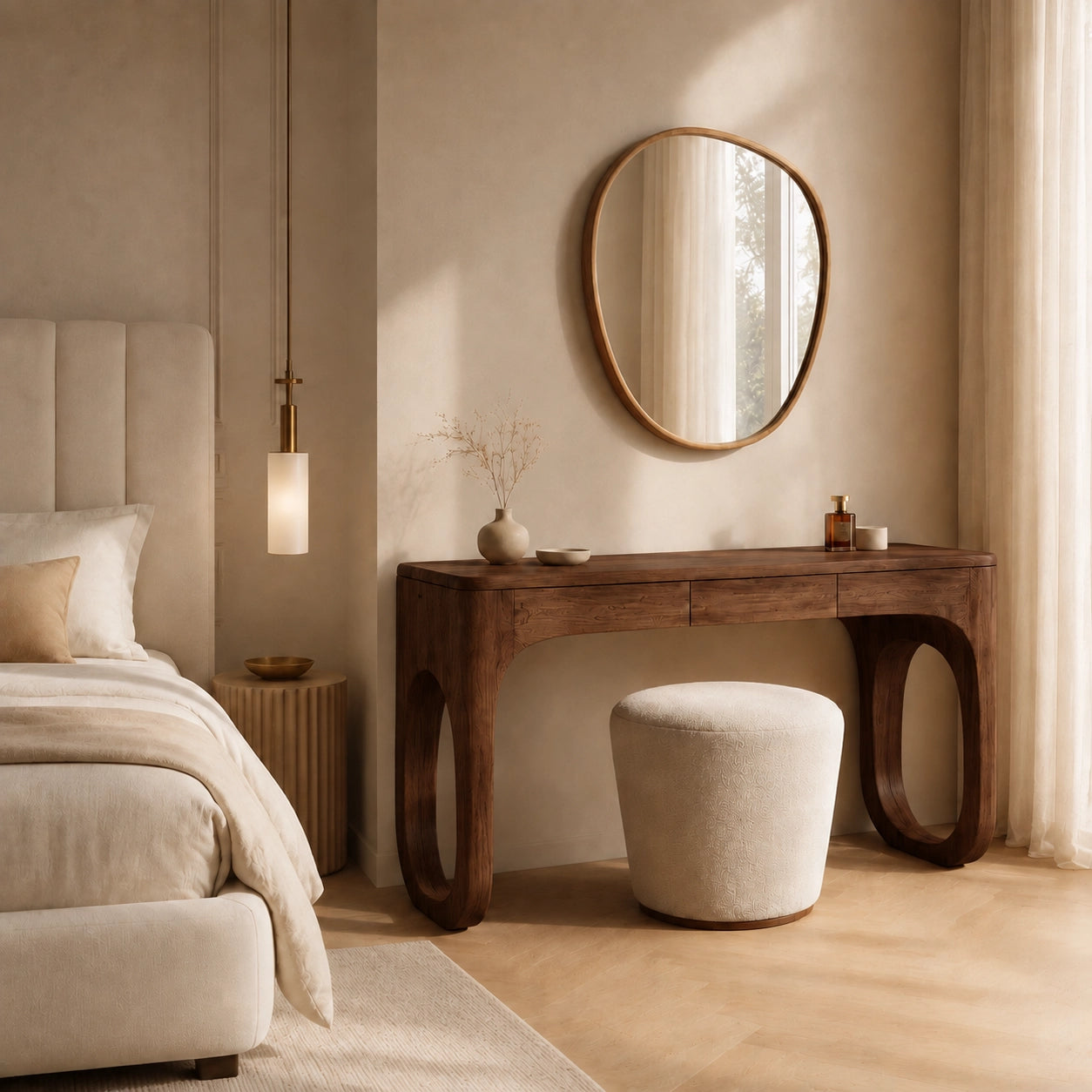 Makeup Vanity with Biomorphic Curved Legs in Natural Solid Woods - Woodenecho - 3