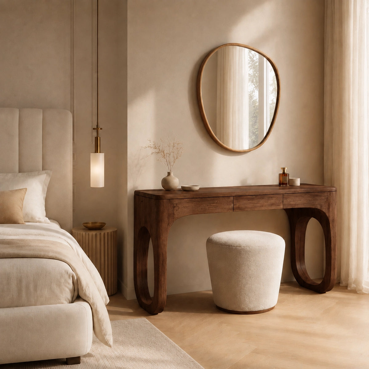 Makeup Vanity with Biomorphic Curved Legs in Natural Solid Woods - Woodenecho - 3