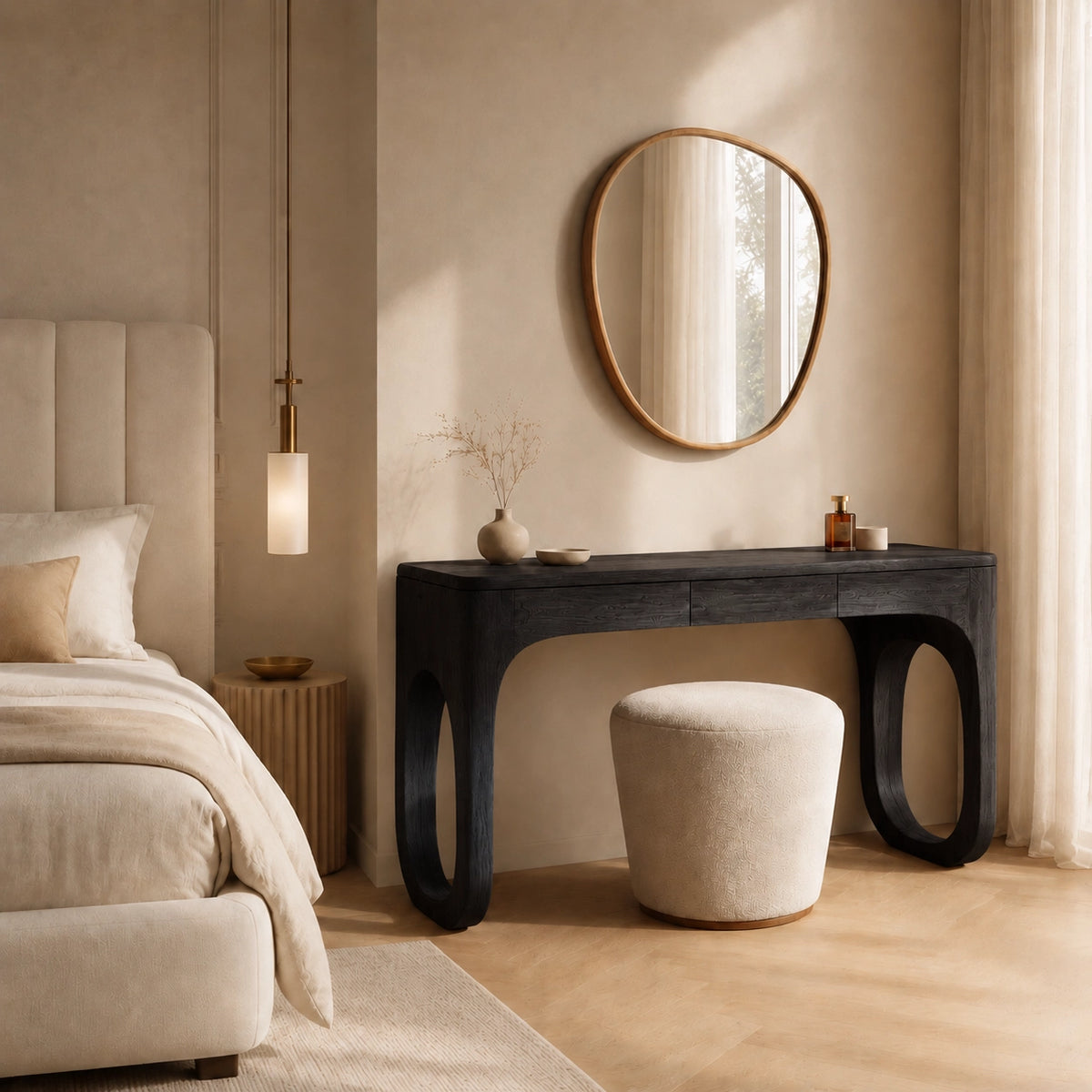 Makeup Vanity with Biomorphic Curved Legs in Natural Solid Woods - Woodenecho - 5