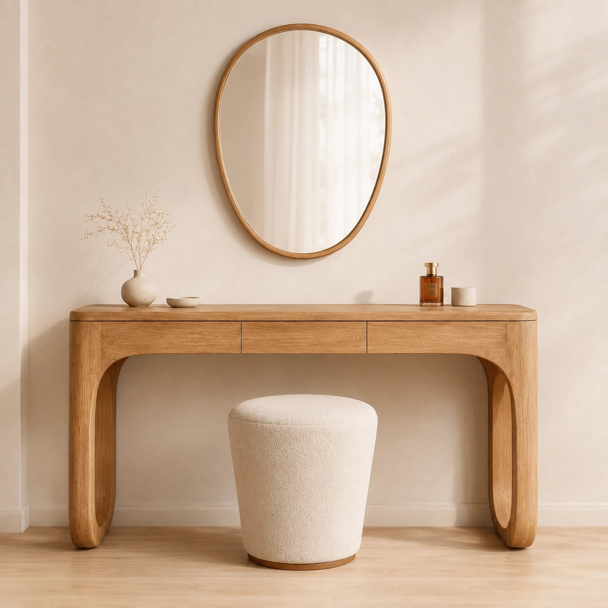 Makeup Vanity with Biomorphic Curved Legs in Natural Solid Woods - Woodenecho - 7