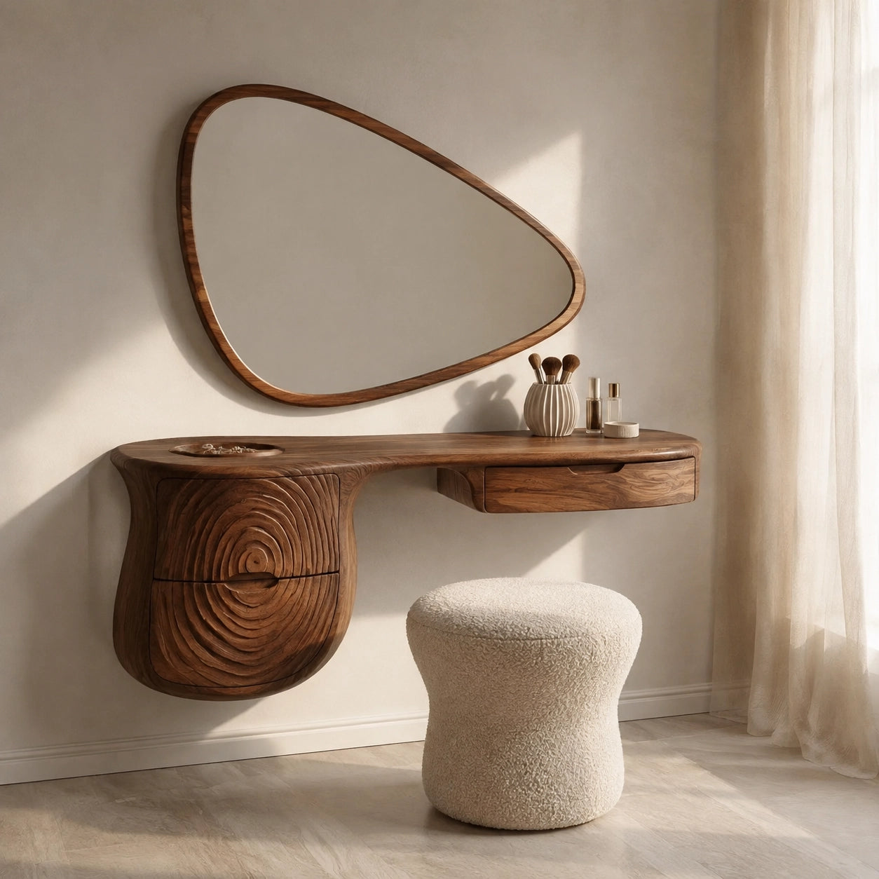 Makeup Vanity with Concentric Carved Base in Natural Solid Wood Design - Woodenecho - 1