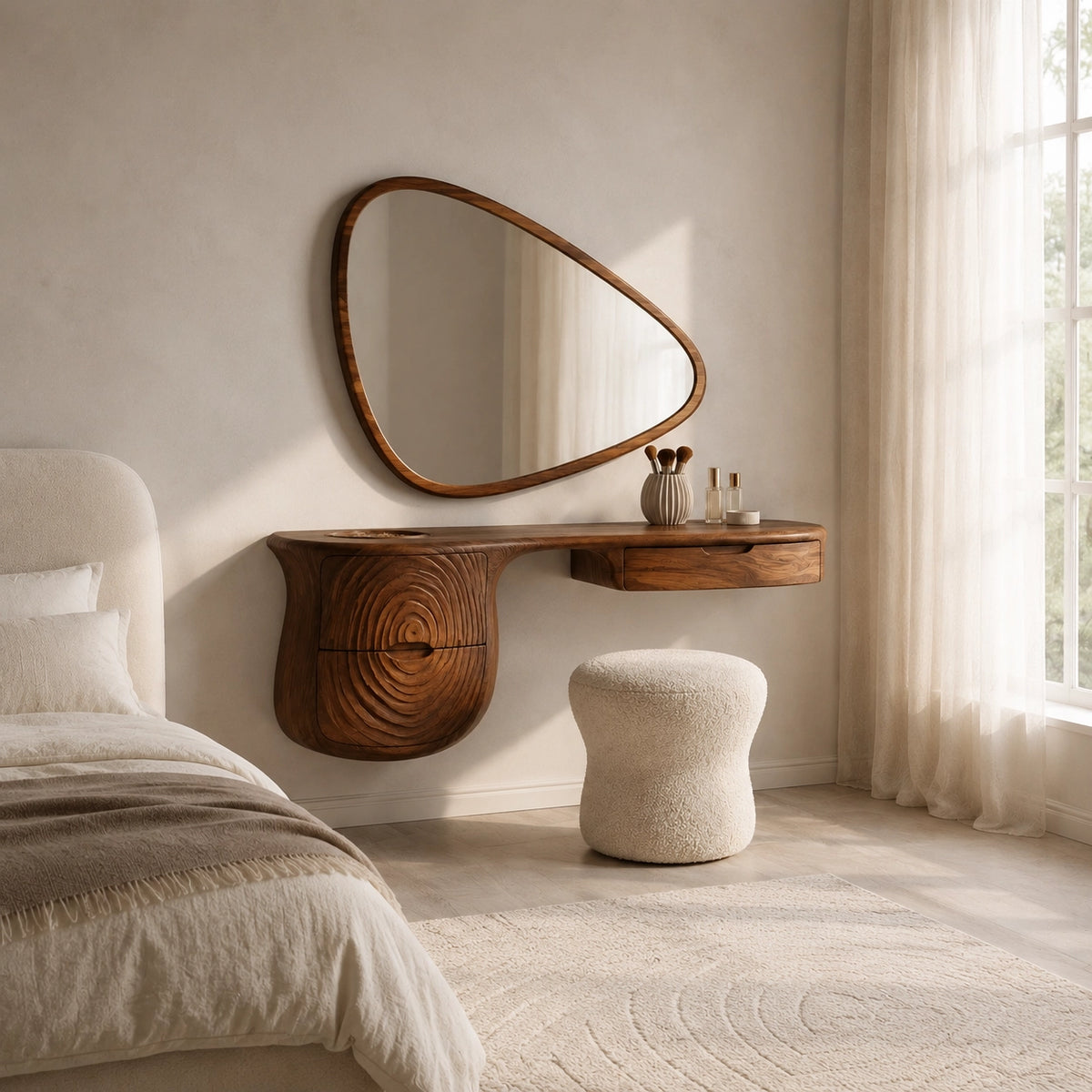 Makeup Vanity with Concentric Carved Base in Natural Solid Wood Design - Woodenecho - 2