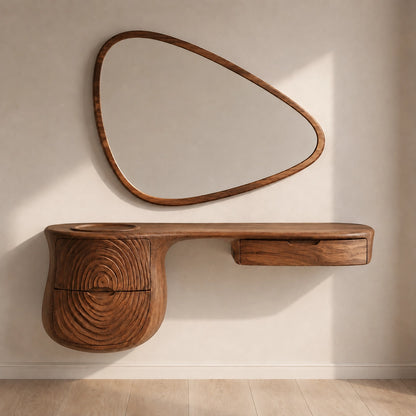 Makeup Vanity with Concentric Carved Base in Natural Solid Wood Design - Woodenecho - 3