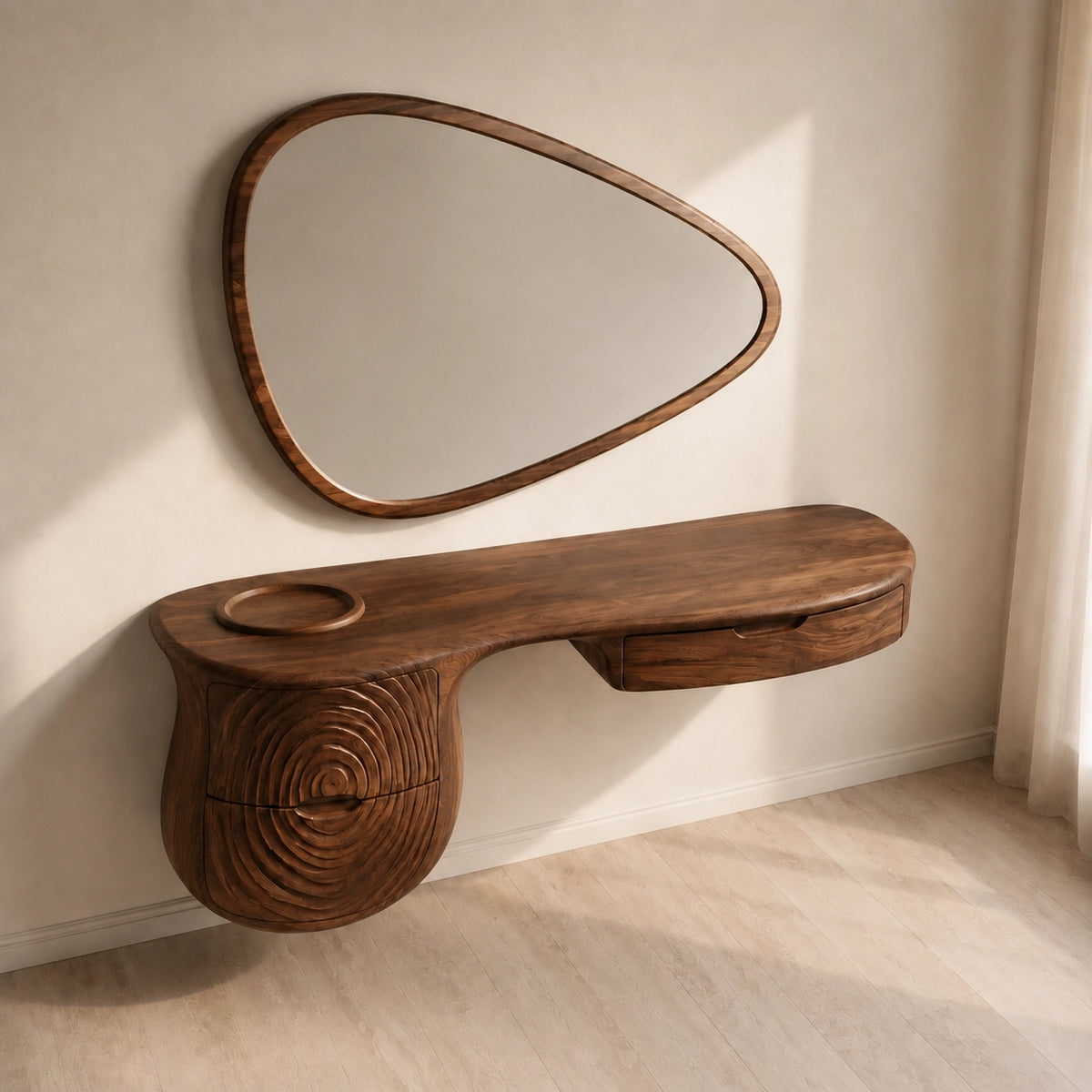 Makeup Vanity with Concentric Carved Base in Natural Solid Wood Design - Woodenecho - 5