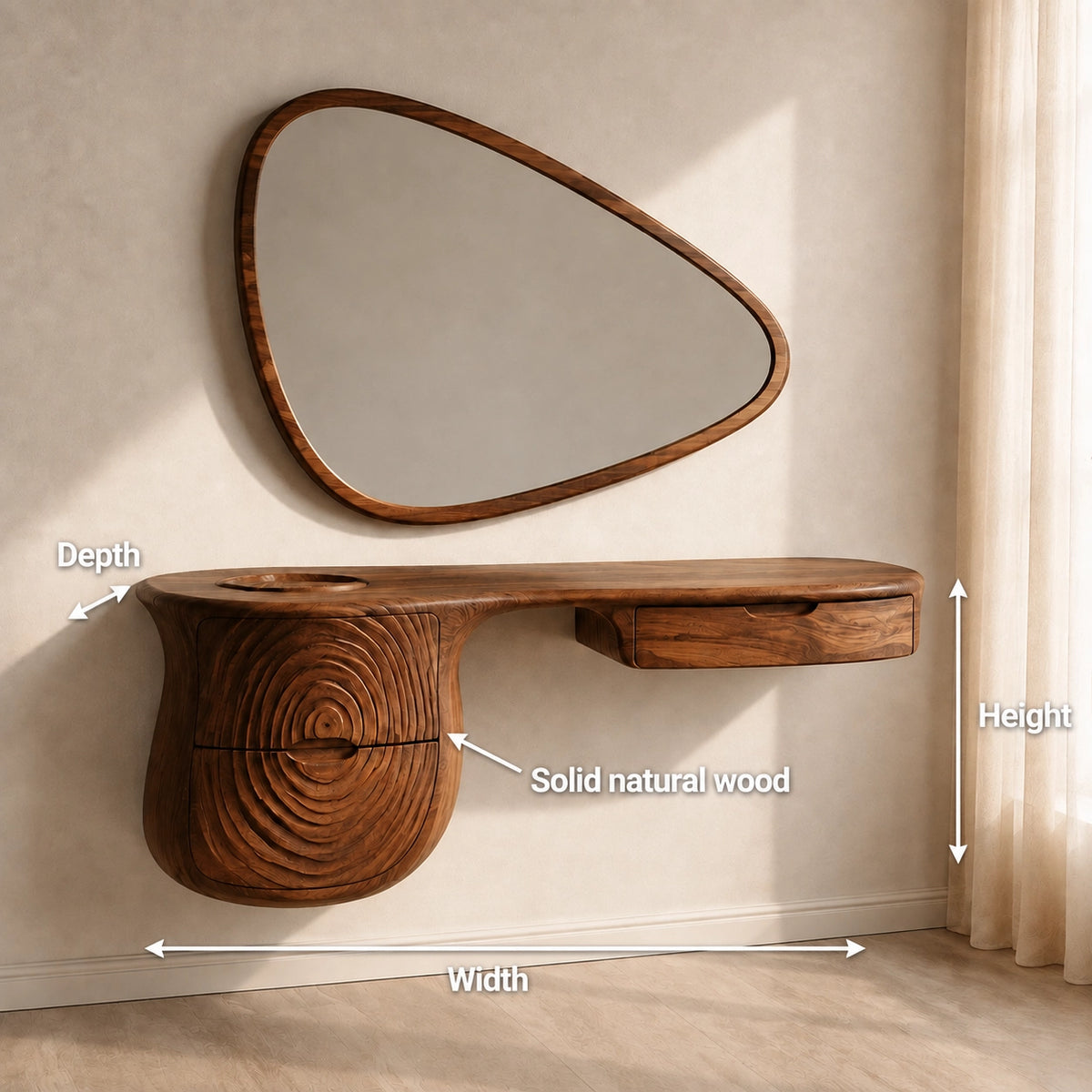 Makeup Vanity with Concentric Carved Base in Natural Solid Wood Design - Woodenecho - 6