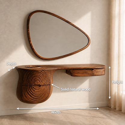 Makeup Vanity with Concentric Carved Base in Natural Solid Wood Design - Woodenecho - 6