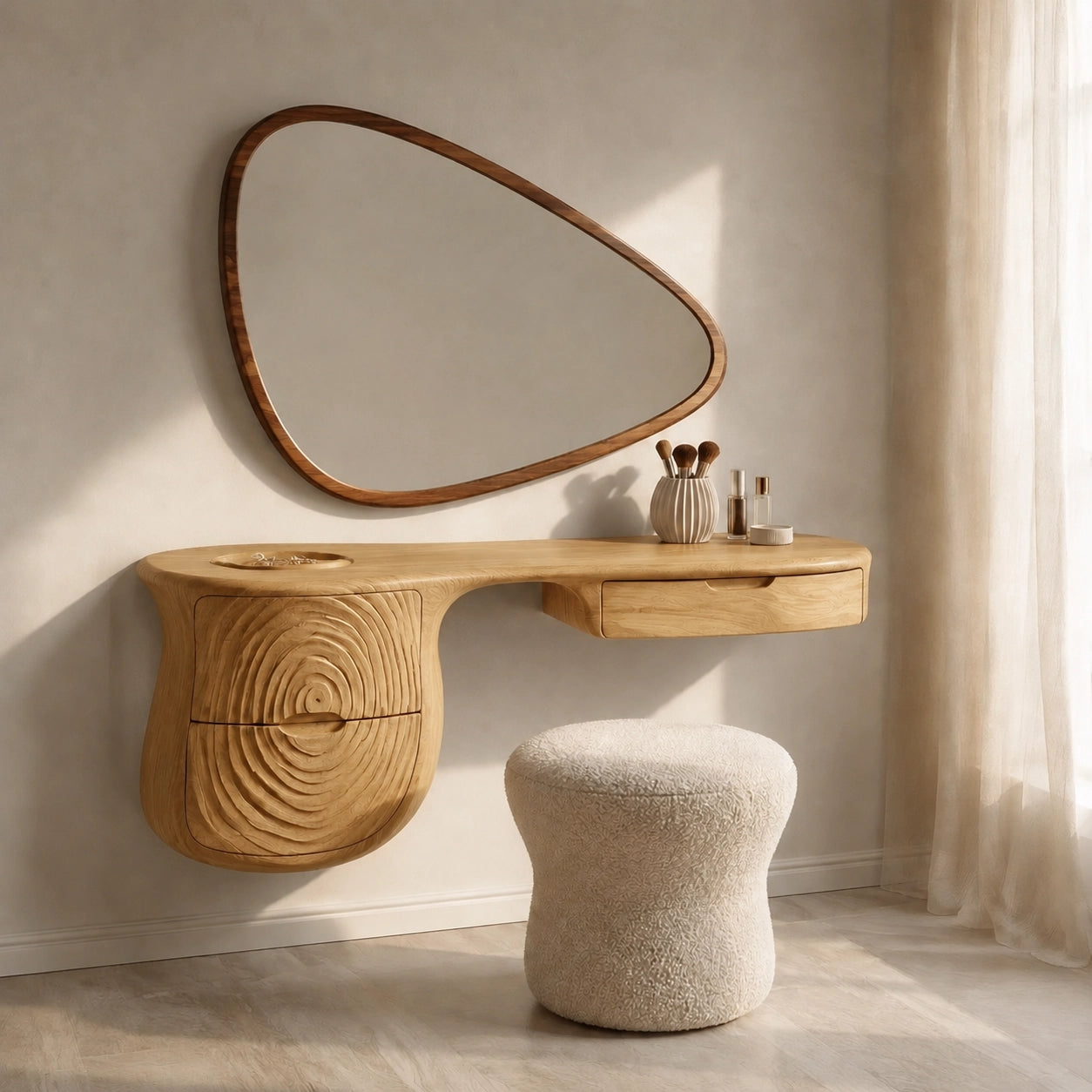 Makeup Vanity with Concentric Carved Base in Natural Solid Wood Design - Woodenecho - 7
