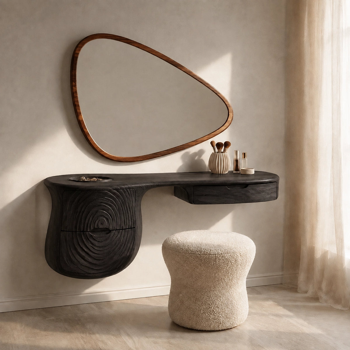 Makeup Vanity with Concentric Carved Base in Natural Solid Wood Design - Woodenecho - 8