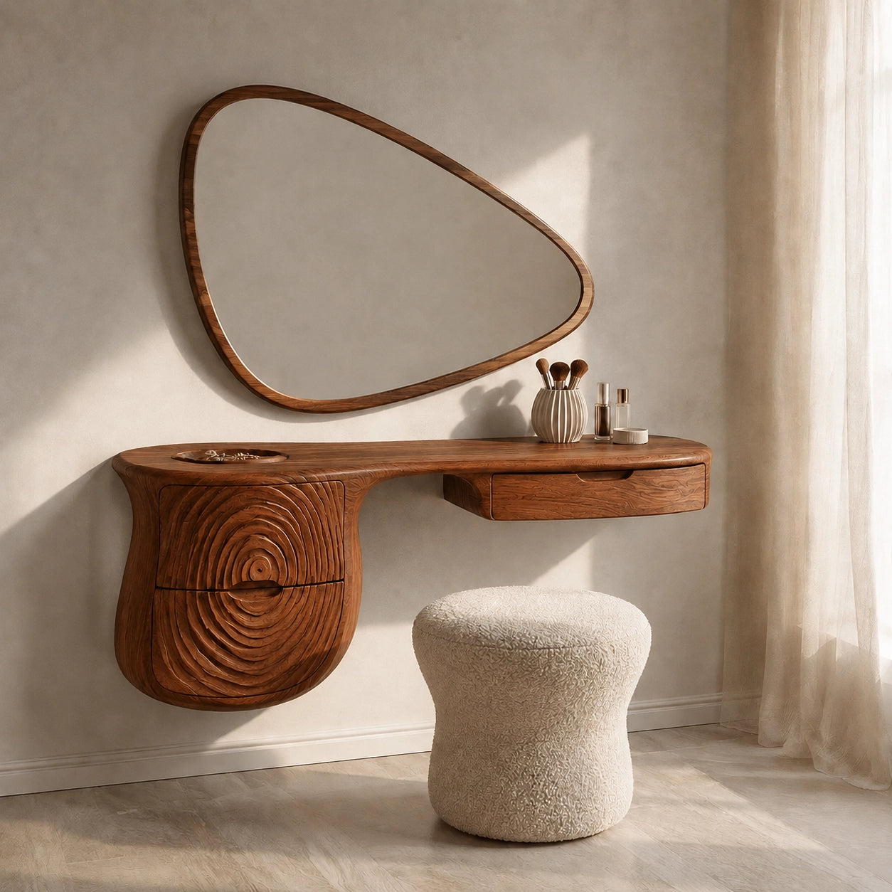 Makeup Vanity with Concentric Carved Base in Natural Solid Wood Design - Woodenecho - 9