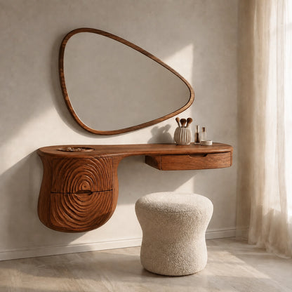 Makeup Vanity with Concentric Carved Base in Natural Solid Wood Design - Woodenecho - 9