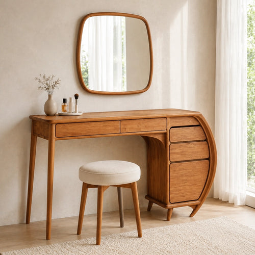 Makeup Vanity with Curved Sculptural Side Storage in Natural Solid Wood - Woodenecho - 1