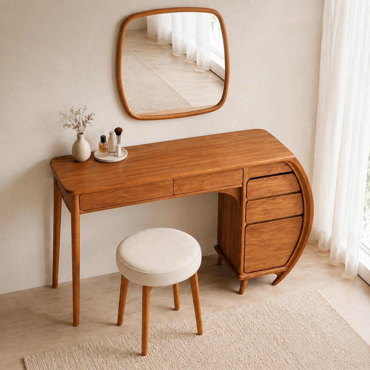 Makeup Vanity with Curved Sculptural Side Storage in Natural Solid Wood - Woodenecho - 10