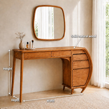 Makeup Vanity with Curved Sculptural Side Storage in Natural Solid Wood - Woodenecho - 2