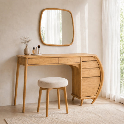 Makeup Vanity with Curved Sculptural Side Storage in Natural Solid Wood - Woodenecho - 3