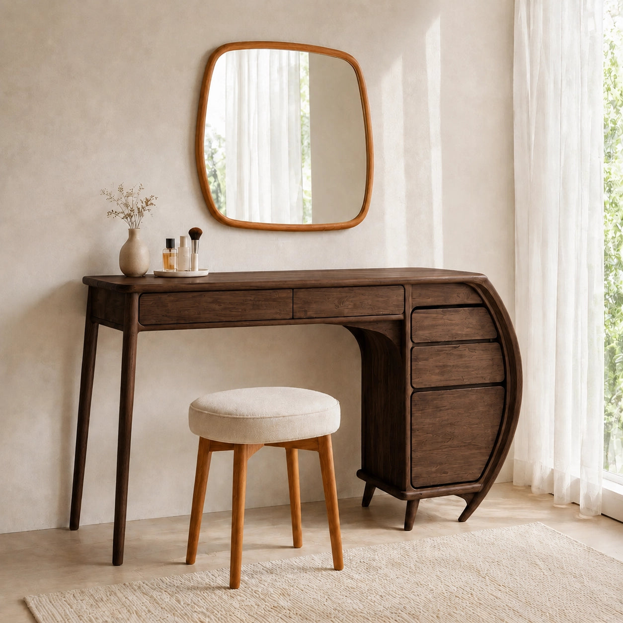 Makeup Vanity with Curved Sculptural Side Storage in Natural Solid Wood - Woodenecho - 4