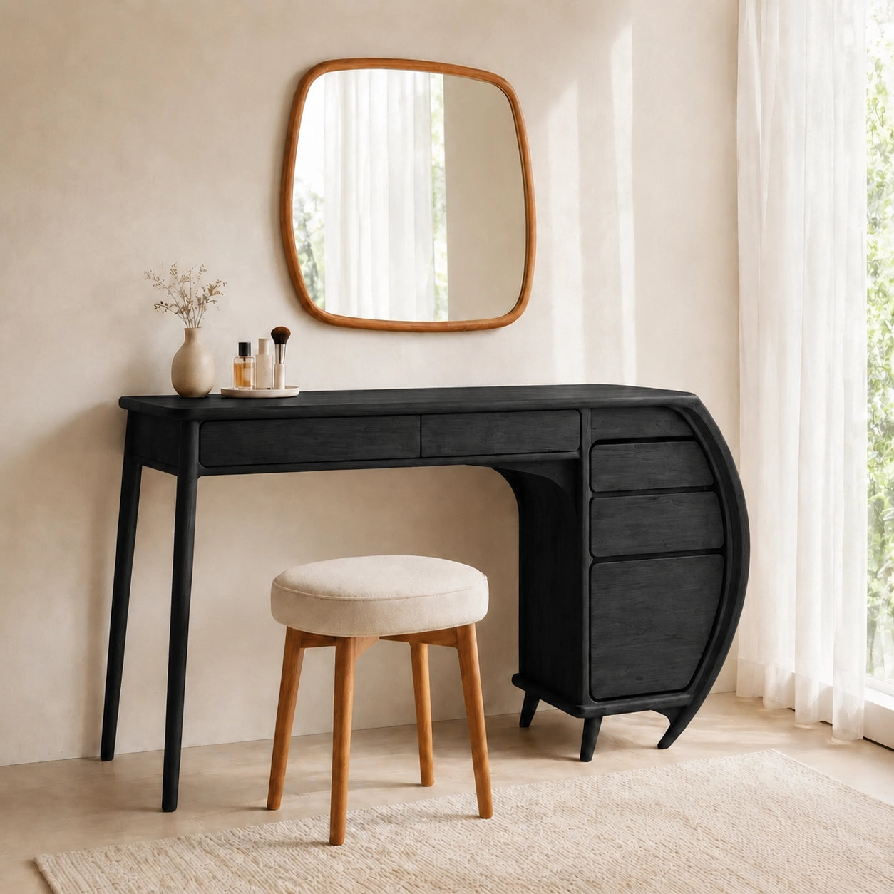 Makeup Vanity with Curved Sculptural Side Storage in Natural Solid Wood - Woodenecho - 6