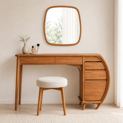 Makeup Vanity with Curved Sculptural Side Storage in Natural Solid Wood - Woodenecho - 7
