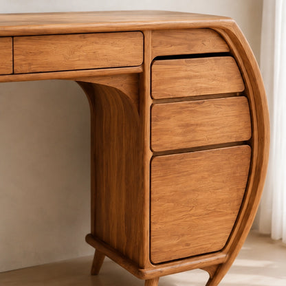 Makeup Vanity with Curved Sculptural Side Storage in Natural Solid Wood - Woodenecho - 8