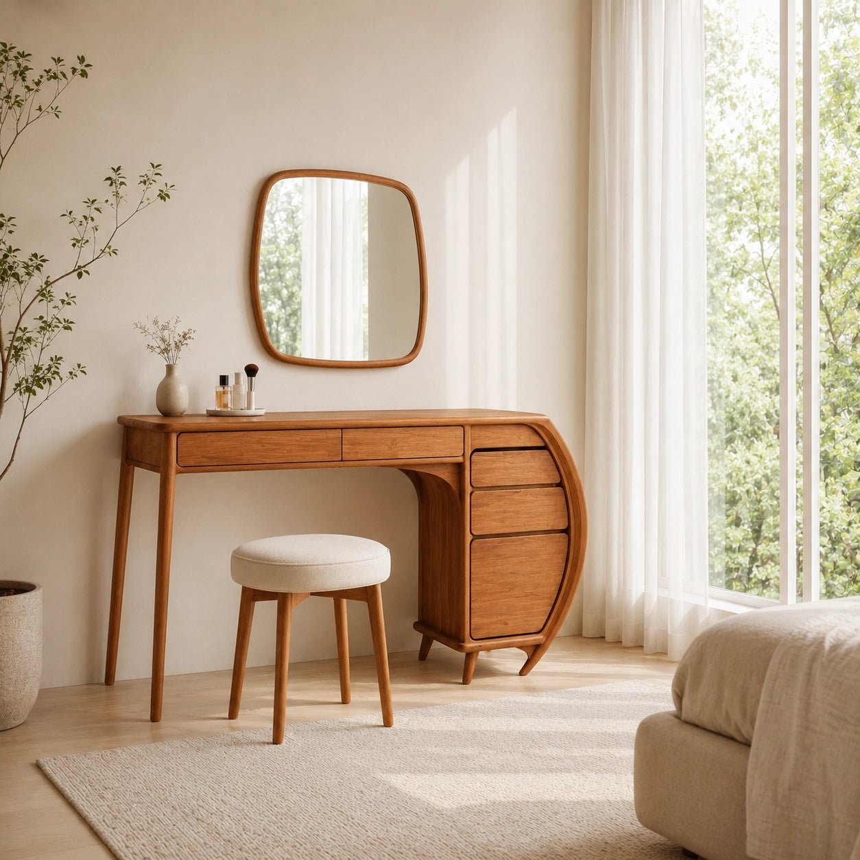 Makeup Vanity with Curved Sculptural Side Storage in Natural Solid Wood - Woodenecho - 9