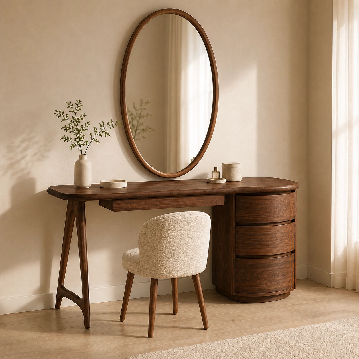 Makeup Vanity with Curved Tabletop and Cylindrical Drawer Storage - Woodenecho - 1