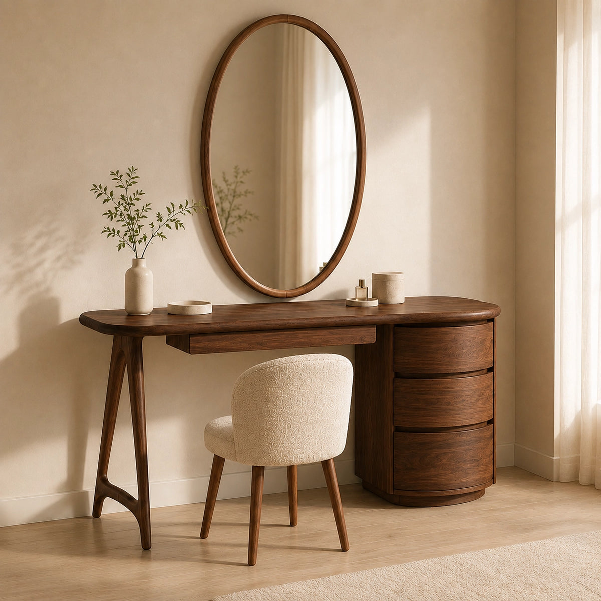 Makeup Vanity with Curved Tabletop and Cylindrical Drawer Storage - Woodenecho - 1