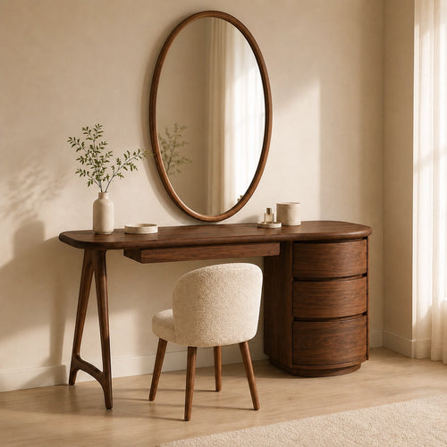 Makeup Vanity with Curved Tabletop and Cylindrical Drawer Storage - Woodenecho - 1