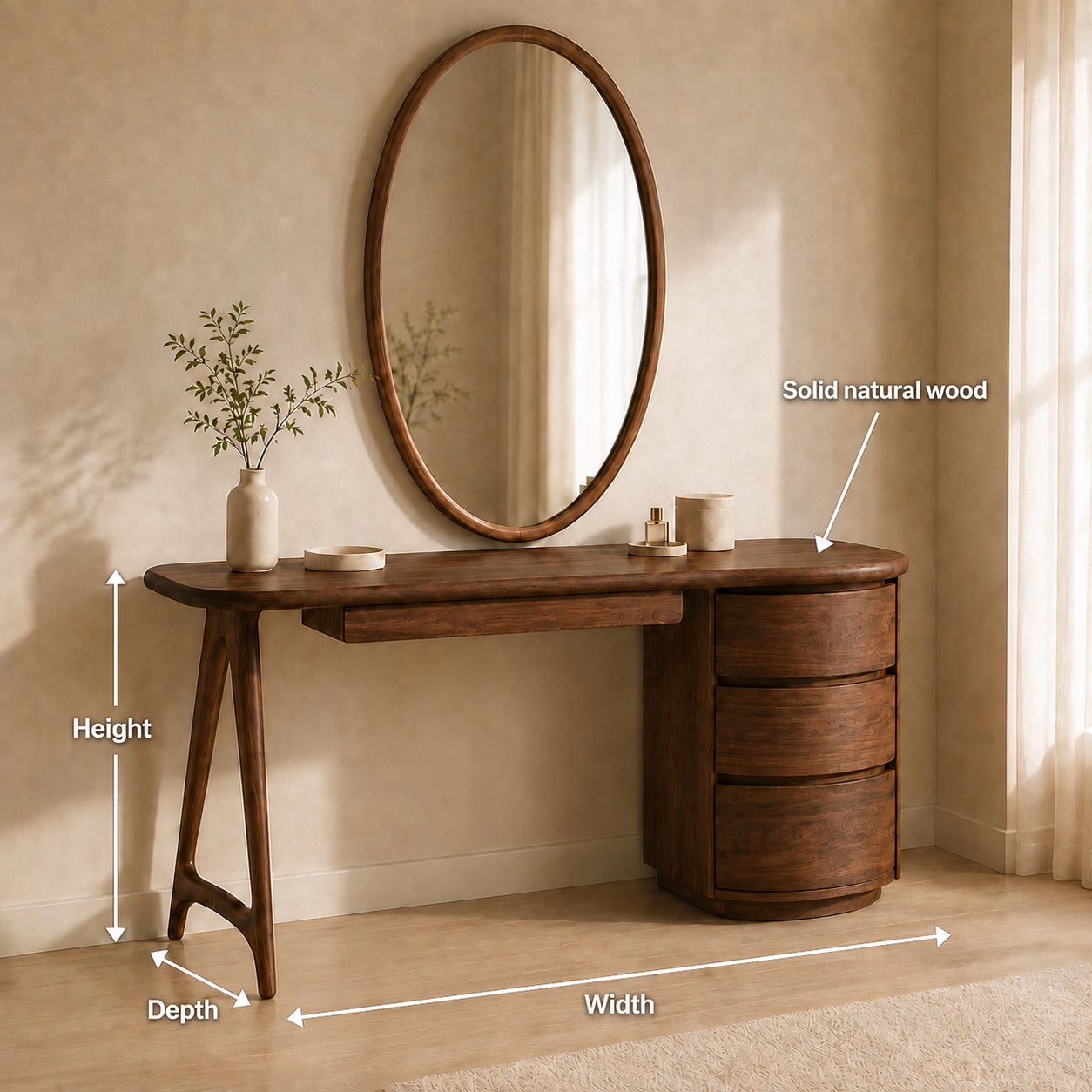 Makeup Vanity with Curved Tabletop and Cylindrical Drawer Storage - Woodenecho - 2