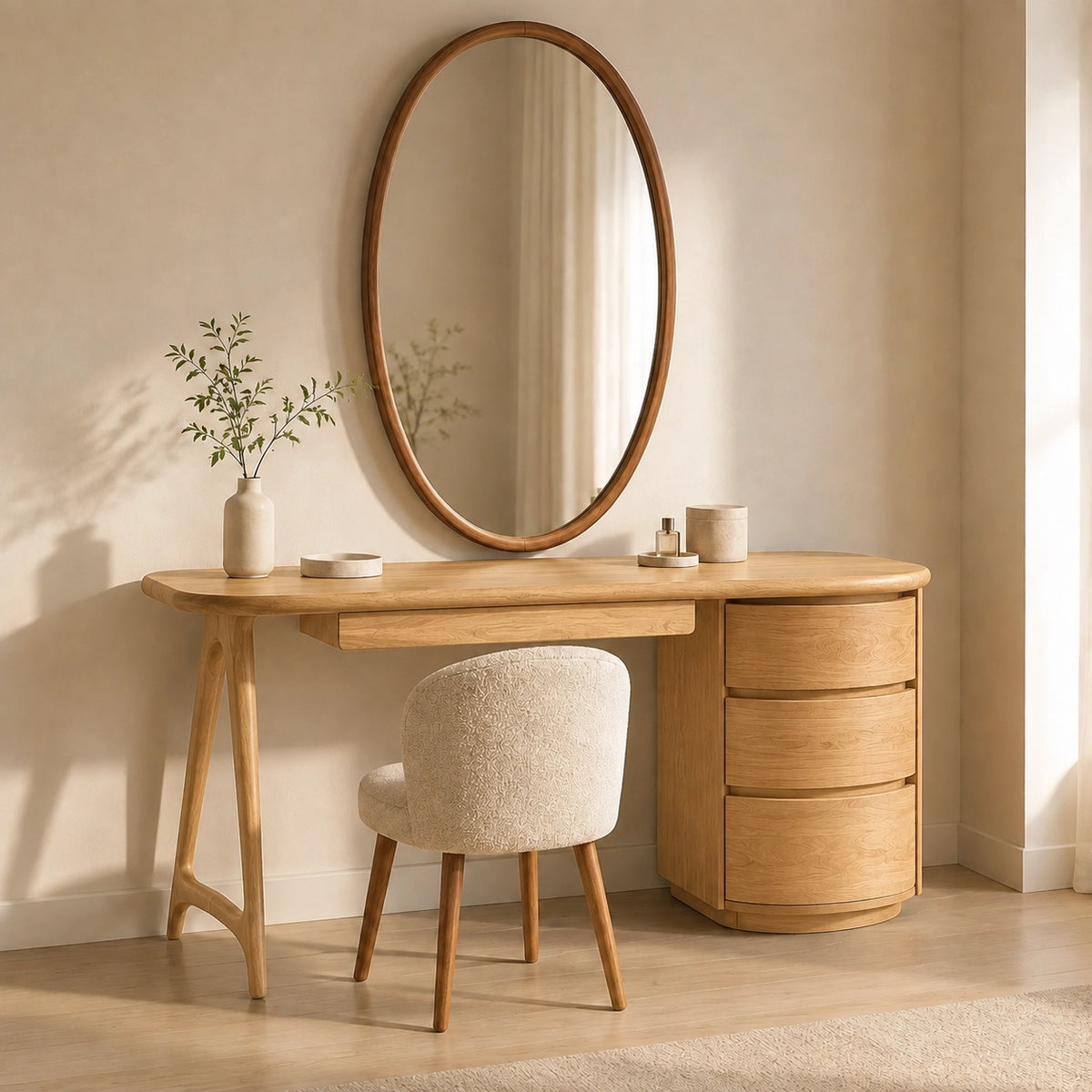Makeup Vanity with Curved Tabletop and Cylindrical Drawer Storage - Woodenecho - 3