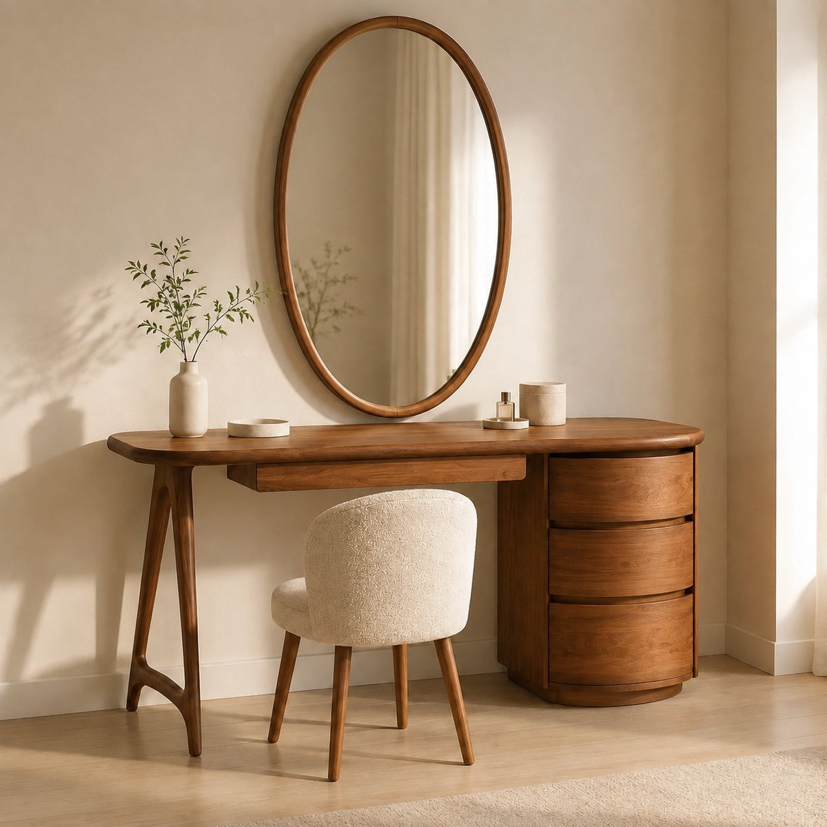 Makeup Vanity with Curved Tabletop and Cylindrical Drawer Storage - Woodenecho - 4