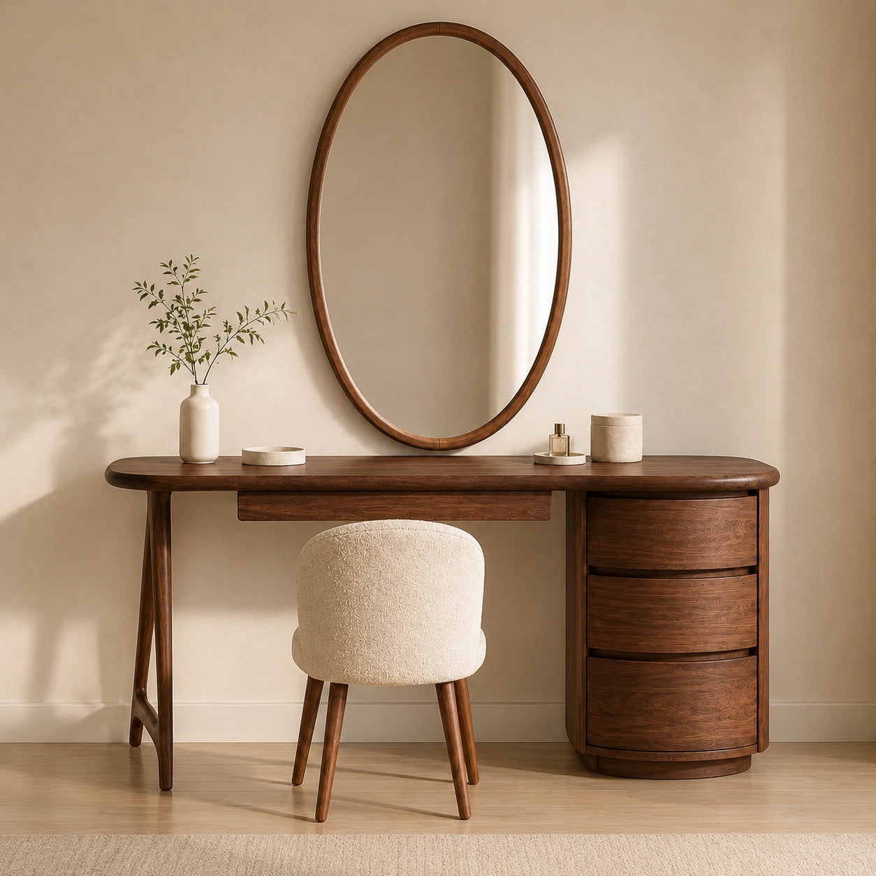 Makeup Vanity with Curved Tabletop and Cylindrical Drawer Storage - Woodenecho - 6