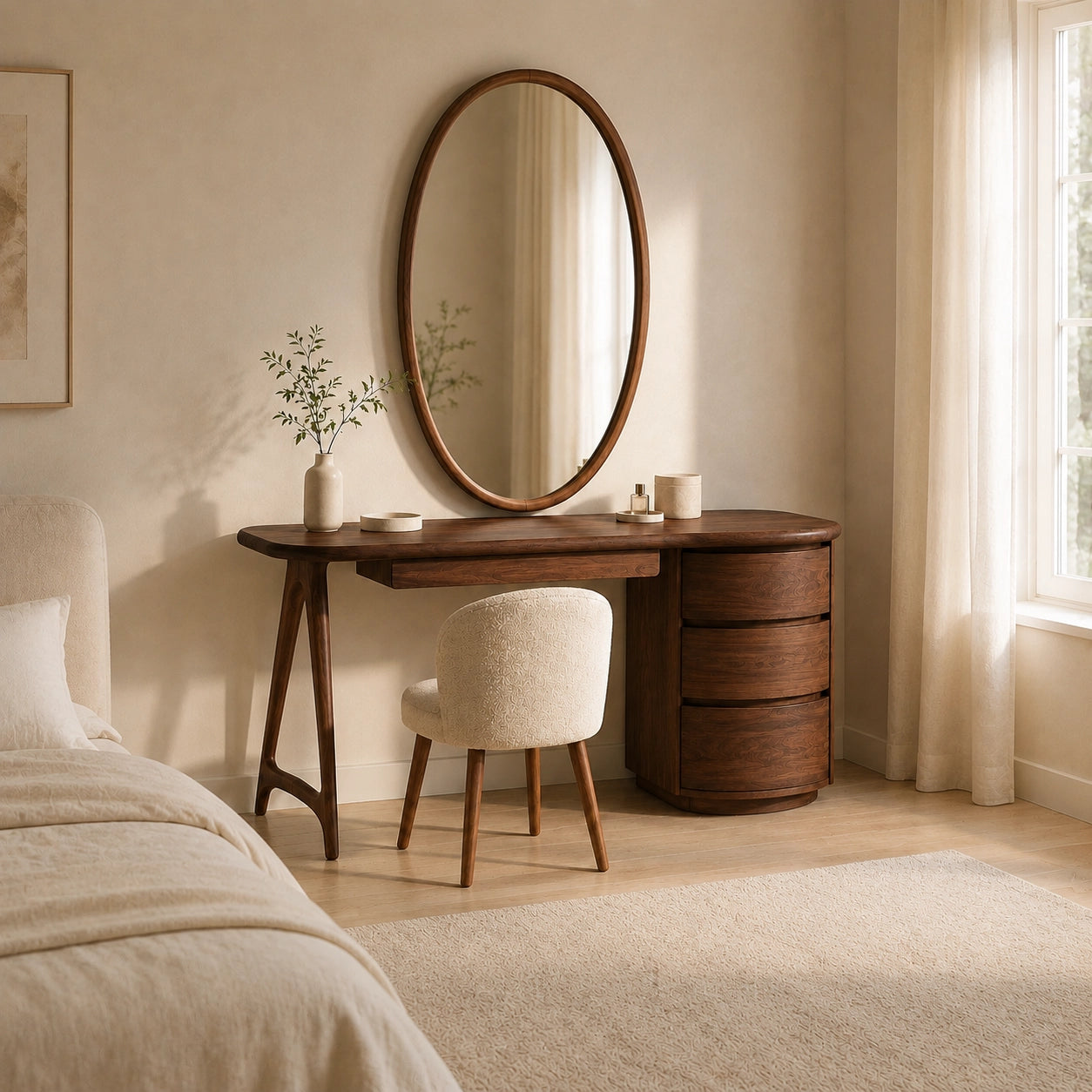 Makeup Vanity with Curved Tabletop and Cylindrical Drawer Storage - Woodenecho - 7