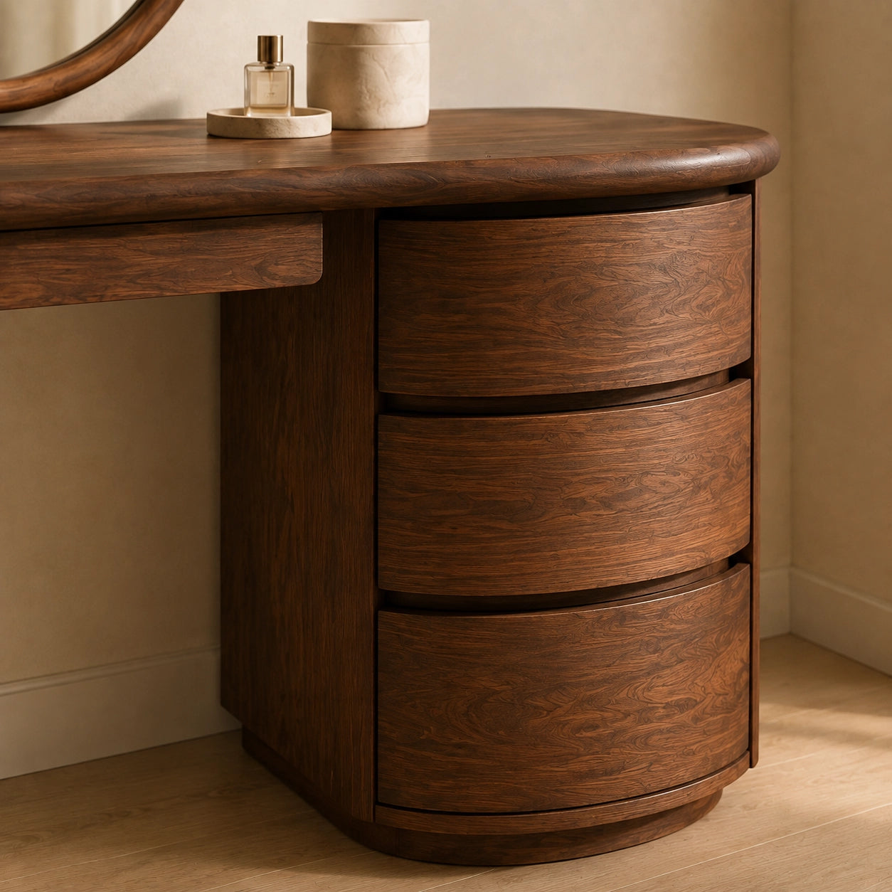 Makeup Vanity with Curved Tabletop and Cylindrical Drawer Storage - Woodenecho - 8