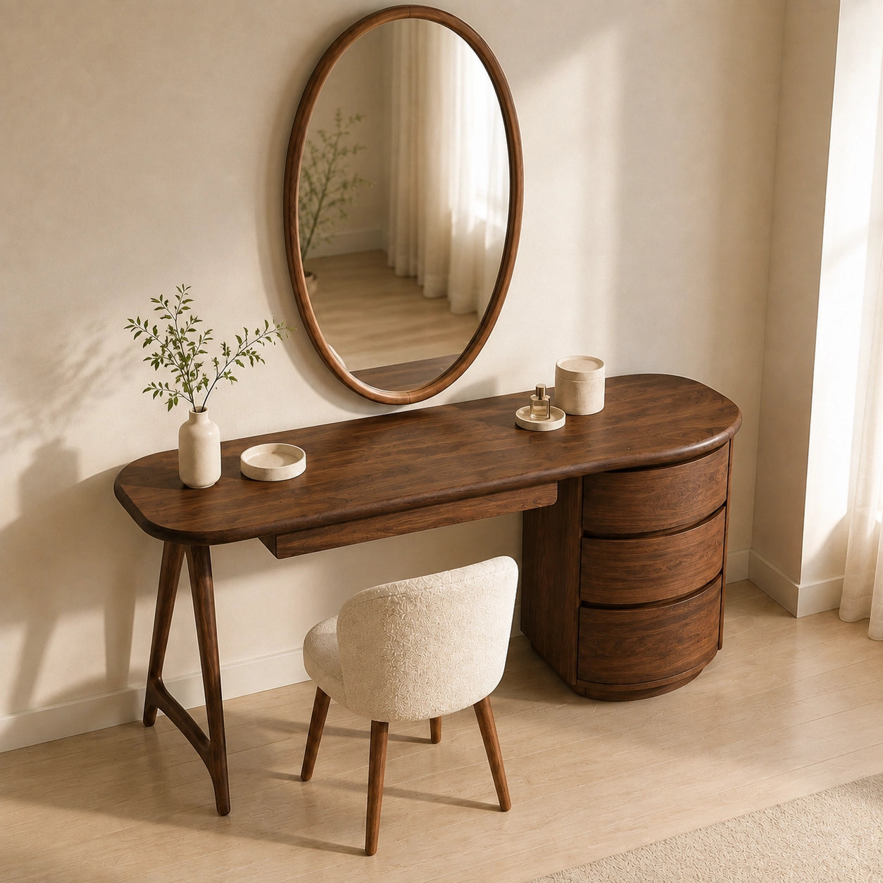 Makeup Vanity with Curved Tabletop and Cylindrical Drawer Storage - Woodenecho - 9