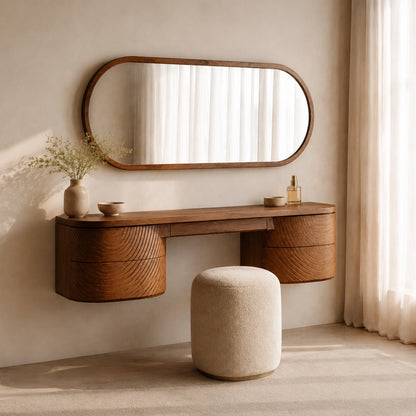 Makeup Vanity with Fluted Curved Storage in Natural Solid Wood Design - Woodenecho - 1