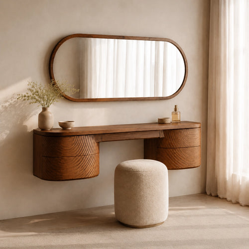 Makeup Vanity with Fluted Curved Storage in Natural Solid Wood Design - Woodenecho - 1