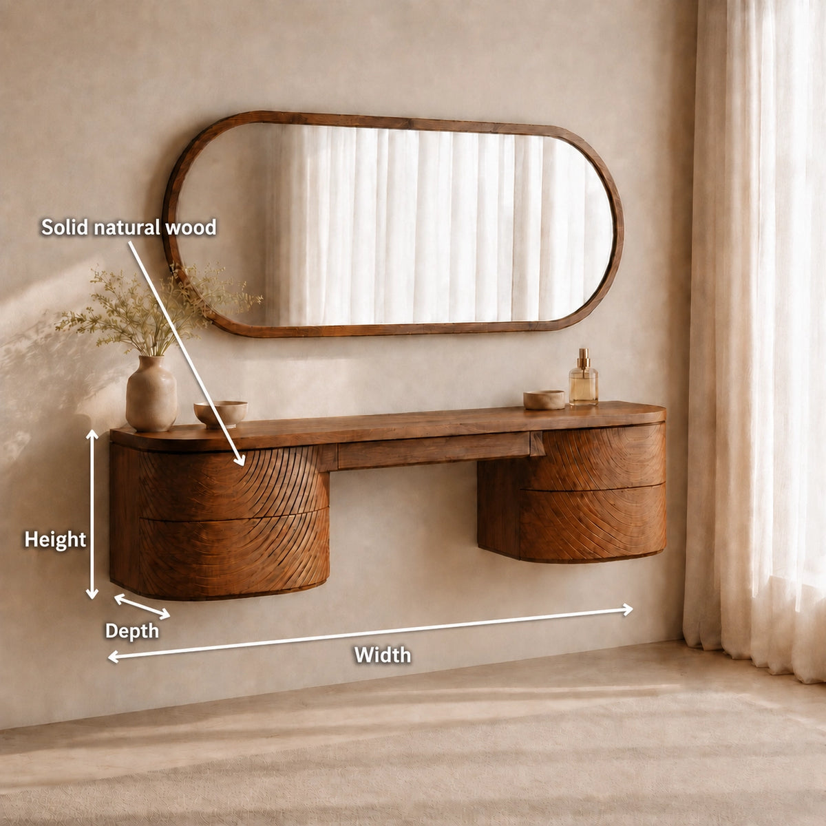 Makeup Vanity with Fluted Curved Storage in Natural Solid Wood Design - Woodenecho - 2