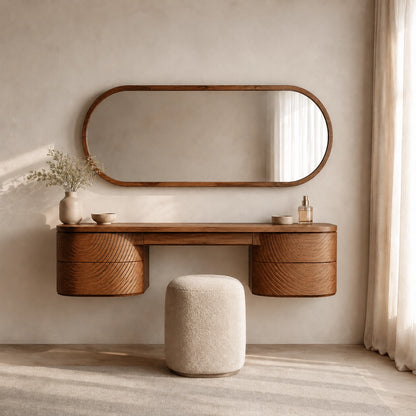 Makeup Vanity with Fluted Curved Storage in Natural Solid Wood Design - Woodenecho - 3