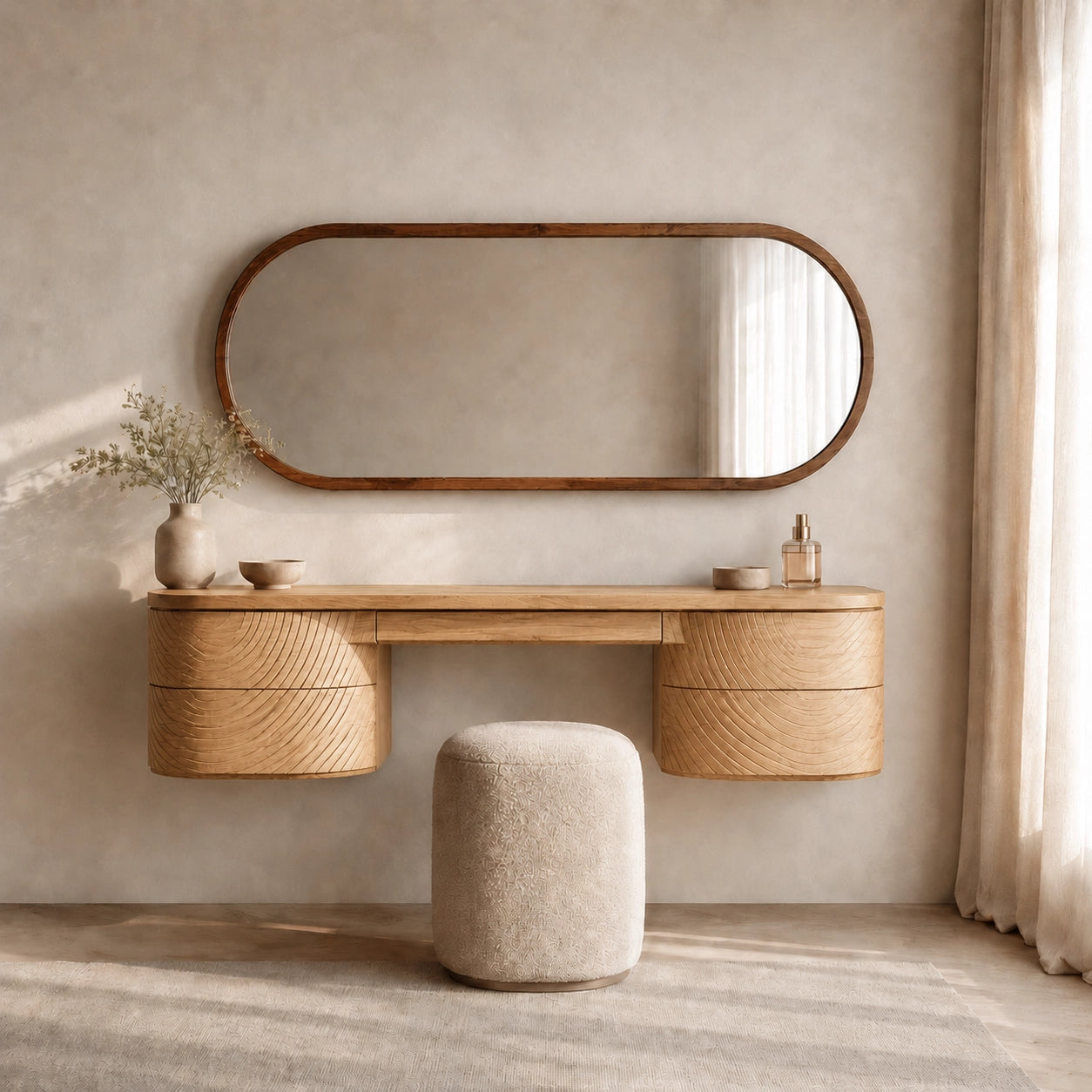 Makeup Vanity with Fluted Curved Storage in Natural Solid Wood Design - Woodenecho - 4