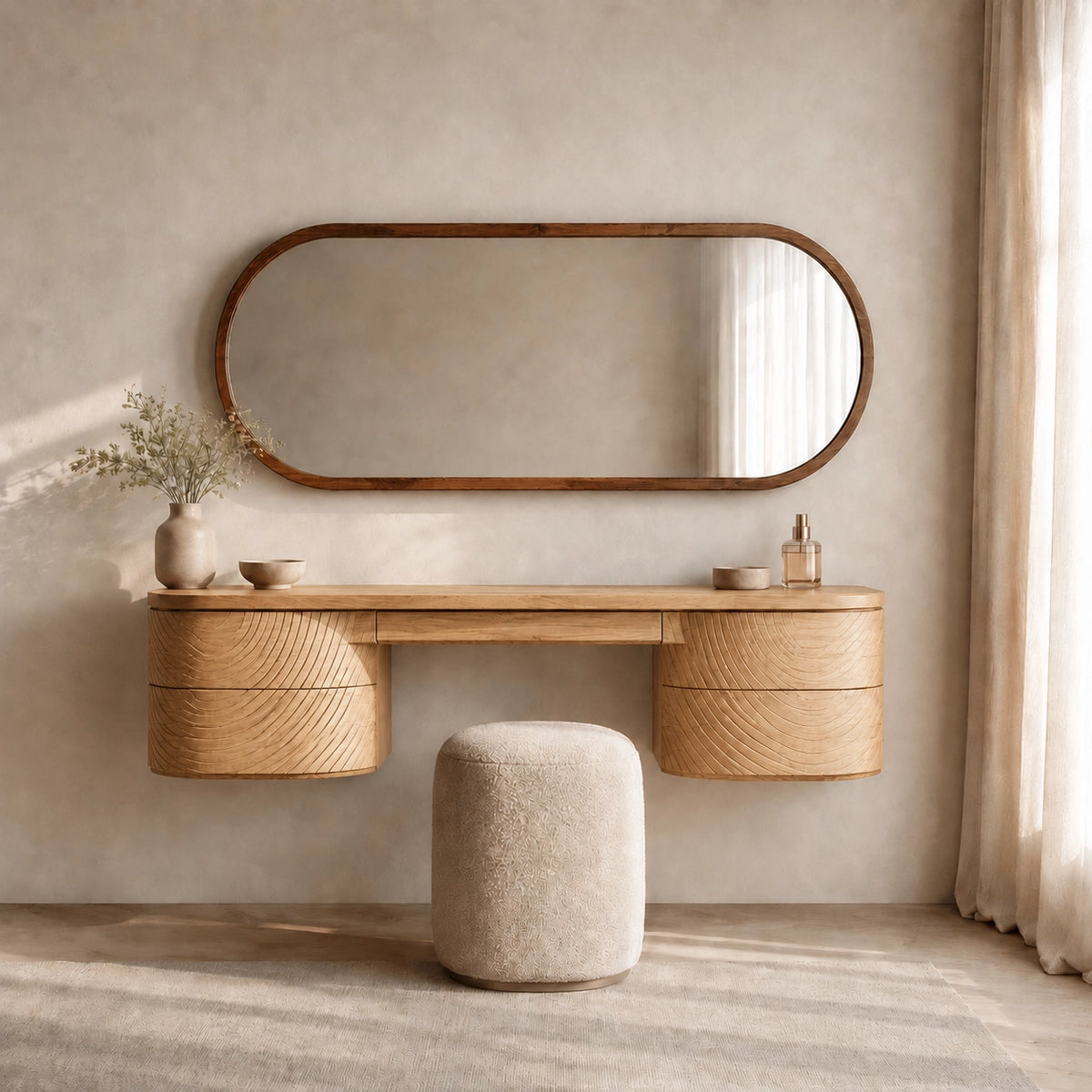 Makeup Vanity with Fluted Curved Storage in Natural Solid Wood Design - Woodenecho - 4