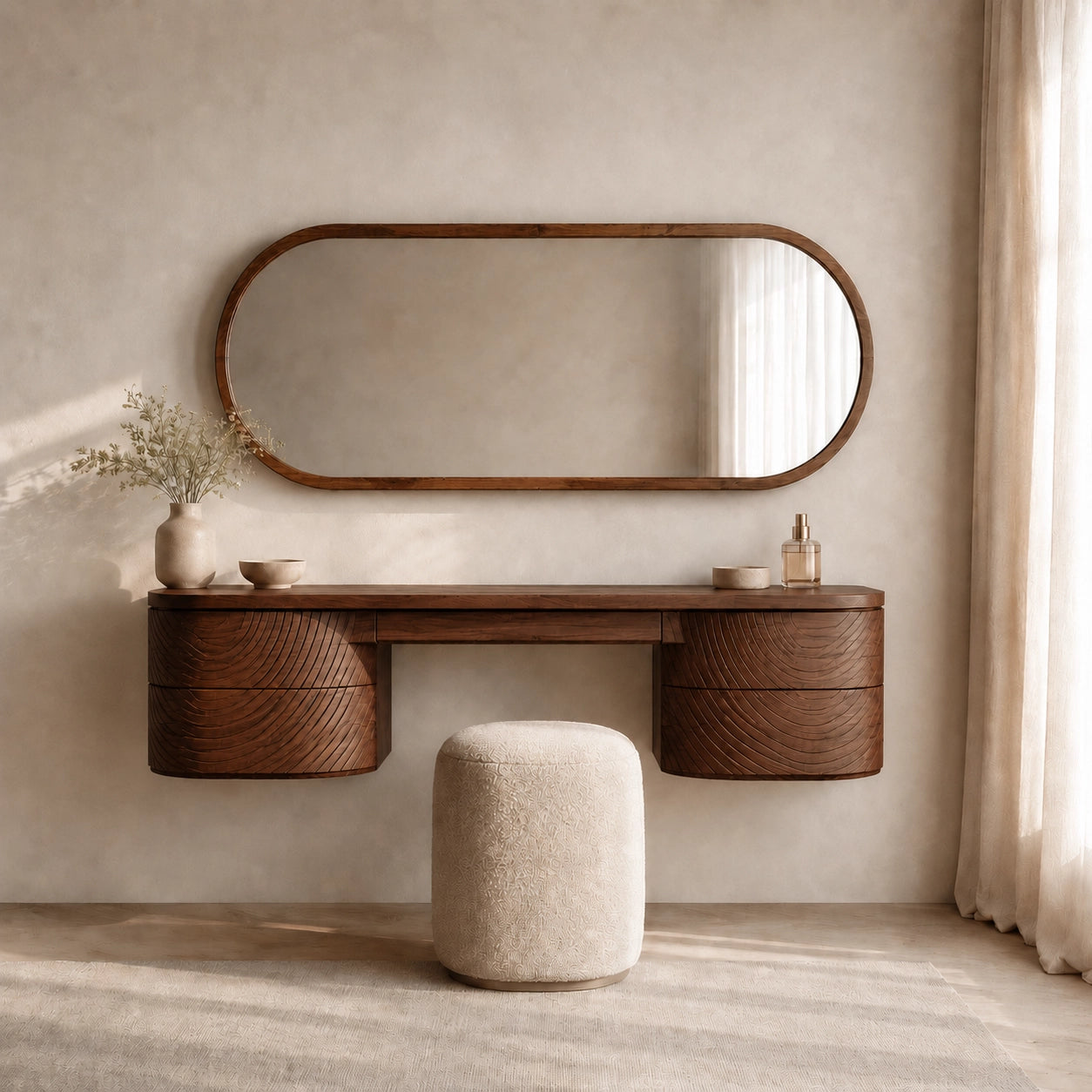 Makeup Vanity with Fluted Curved Storage in Natural Solid Wood Design - Woodenecho - 5