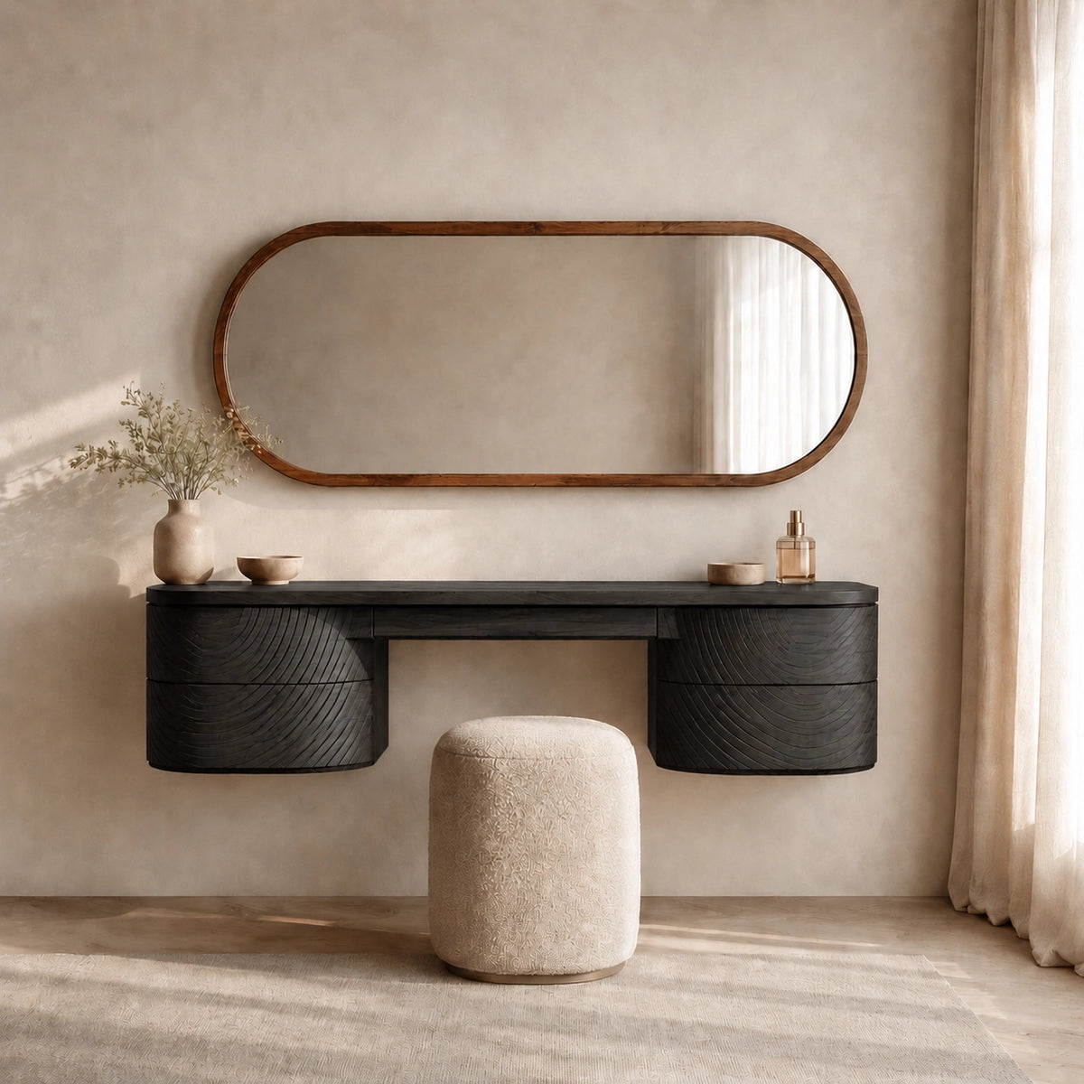 Makeup Vanity with Fluted Curved Storage in Natural Solid Wood Design - Woodenecho - 6