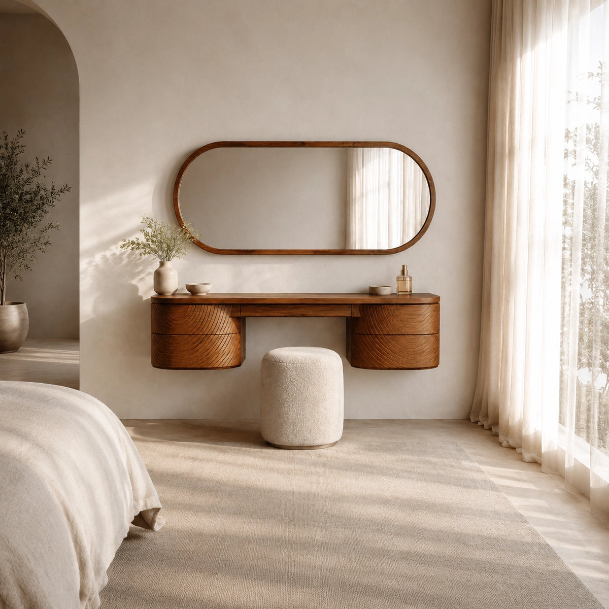 Makeup Vanity with Fluted Curved Storage in Natural Solid Wood Design - Woodenecho - 7
