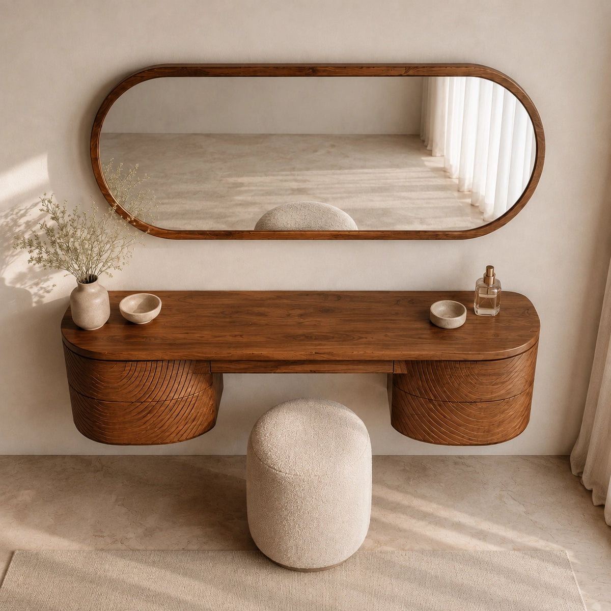 Makeup Vanity with Fluted Curved Storage in Natural Solid Wood Design - Woodenecho - 9