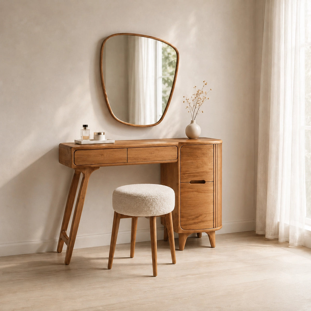 Makeup Vanity with Fluted Cylindrical Cabinet in Natural Solid Wood - Woodenecho - 1