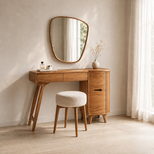 Makeup Vanity with Fluted Cylindrical Cabinet in Natural Solid Wood - Woodenecho - 1