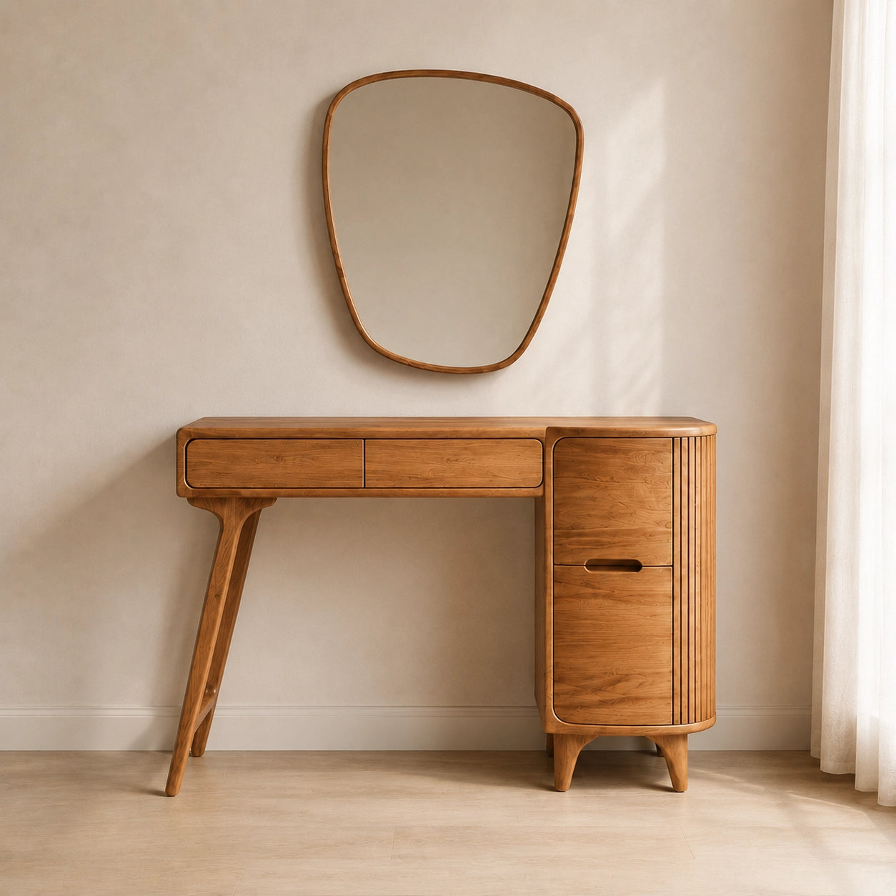 Makeup Vanity with Fluted Cylindrical Cabinet in Natural Solid Wood - Woodenecho - 2