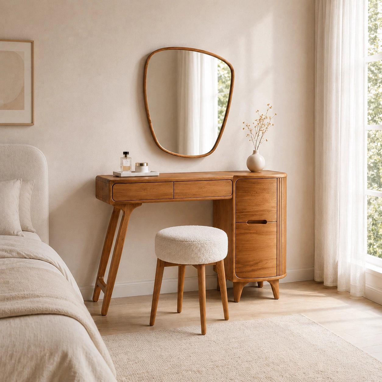 Makeup Vanity with Fluted Cylindrical Cabinet in Natural Solid Wood - Woodenecho - 3