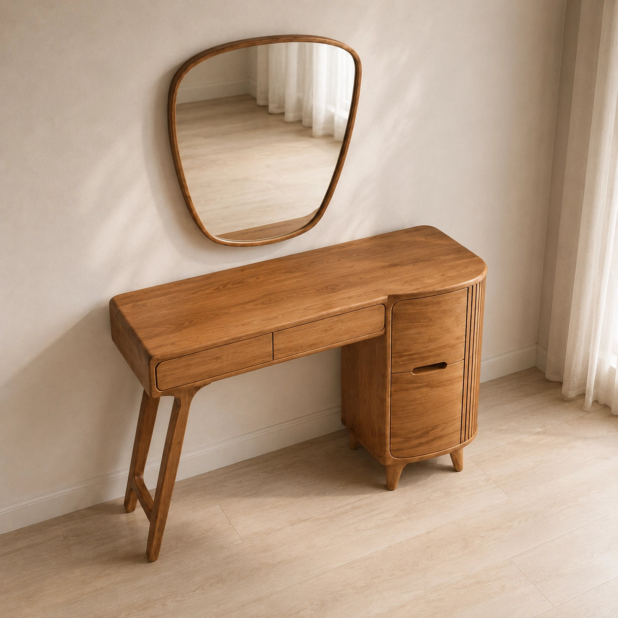 Makeup Vanity with Fluted Cylindrical Cabinet in Natural Solid Wood - Woodenecho - 5