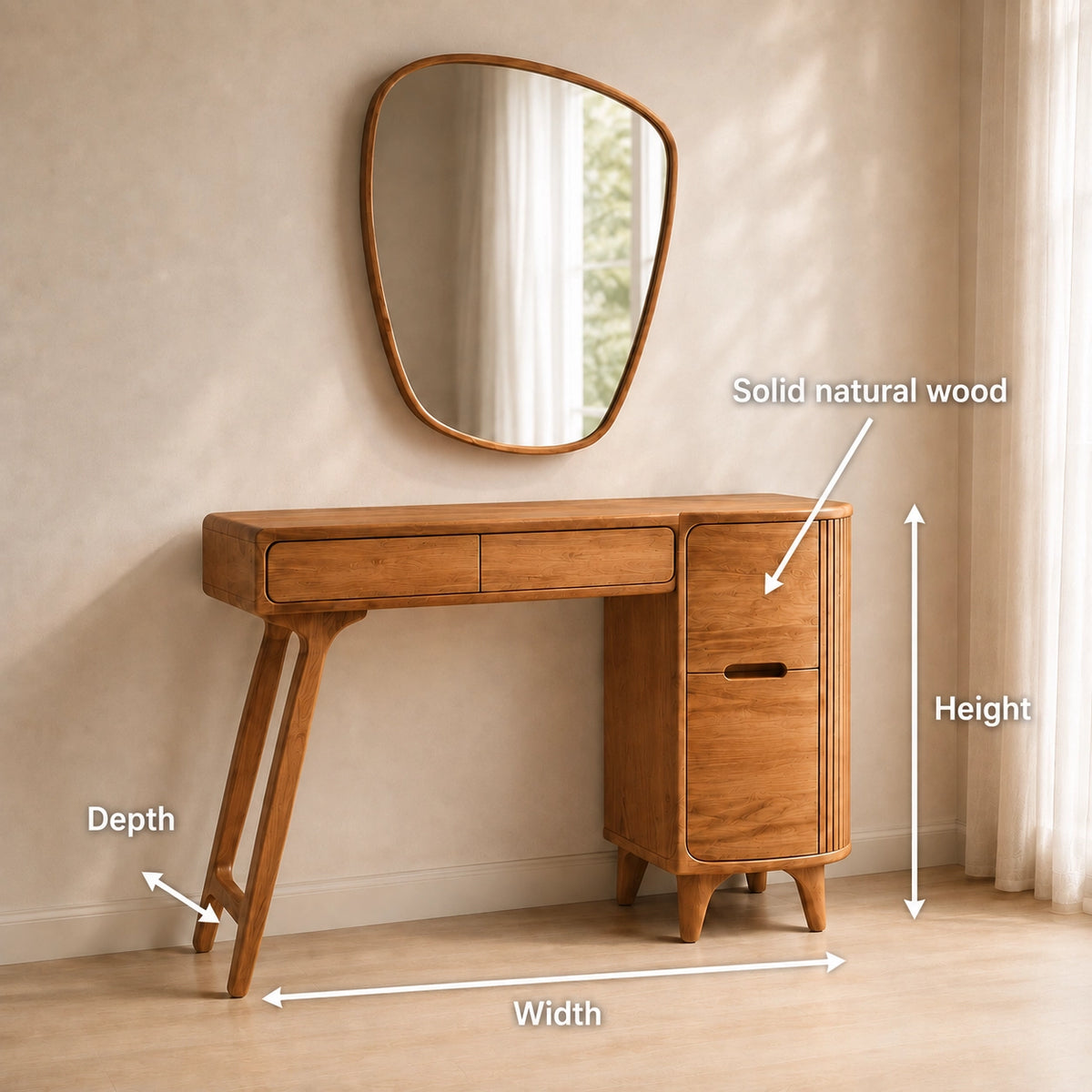 Makeup Vanity with Fluted Cylindrical Cabinet in Natural Solid Wood - Woodenecho - 6