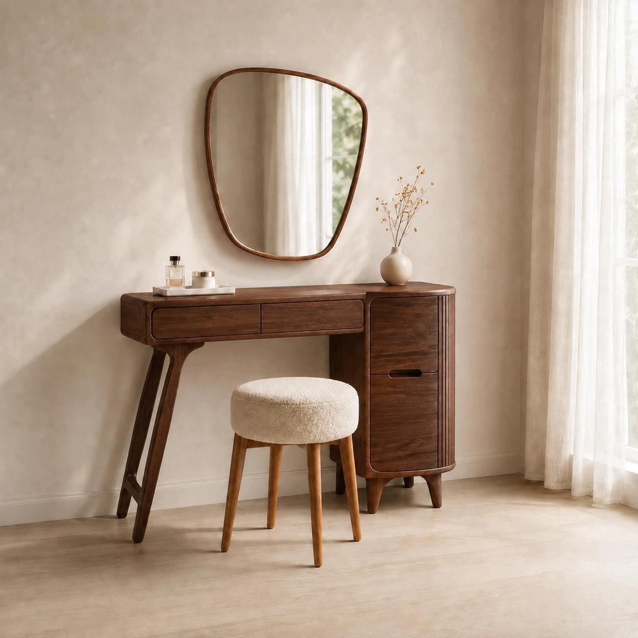 Makeup Vanity with Fluted Cylindrical Cabinet in Natural Solid Wood - Woodenecho - 7